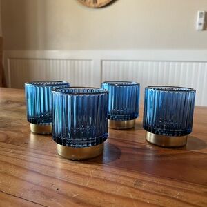 Blue Ribbed Glass Tea light/Votive Holders with Painted Gold Base Set of 4